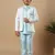 Boys sky blue cotton silk diamond buti sequined sherwani & trouser set with shrug and necklace