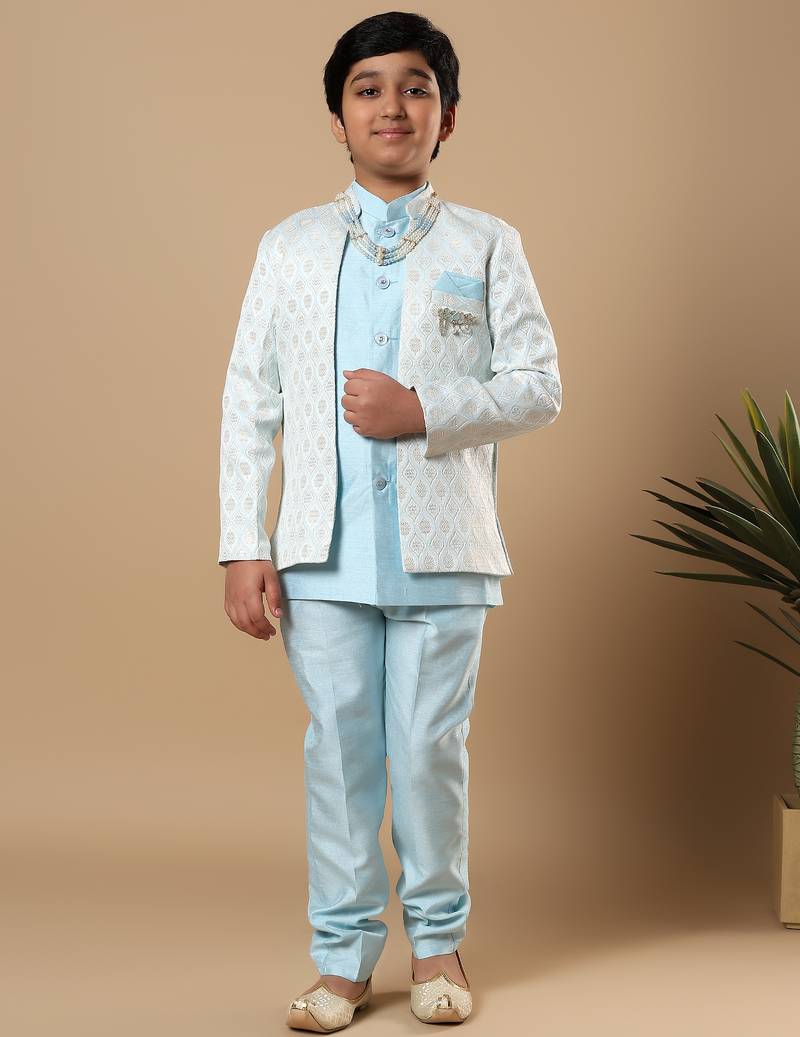 Boys sky blue cotton silk diamond buti sequined sherwani & trouser set with shrug and necklace