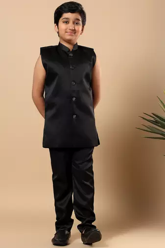 Boys black satin wavy embroidered sequined sherwani & trouser set with shrug and necklace