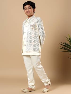 Boys ivory satin geometric diamond jaal embroidered sequined sherwani & trouser set with shrug 4
