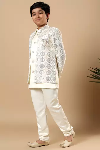 Boys ivory satin geometric diamond jaal embroidered sequined sherwani & trouser set with shrug