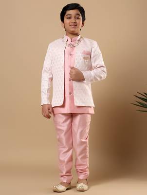 Boys pastel pink cotton silk diamond buti sequined sherwani & trouser set with shrug and necklace 1
