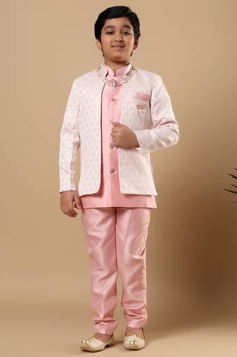 Boys pastel pink cotton silk diamond buti sequined sherwani & trouser set with shrug and necklace