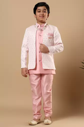 Boys pastel pink cotton silk diamond buti sequined sherwani & trouser set with shrug and necklace