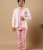 Boys pastel pink cotton silk diamond buti sequined sherwani & trouser set with shrug and necklace