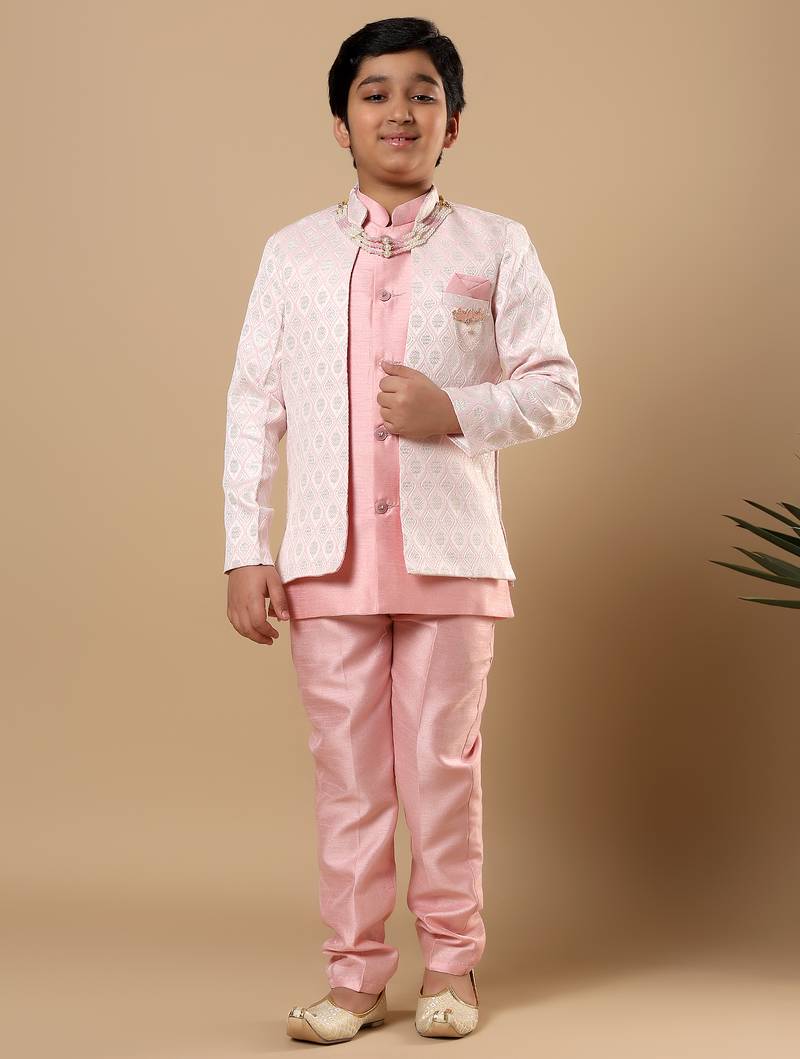 Boys pastel pink cotton silk diamond buti sequined sherwani & trouser set with shrug and necklace