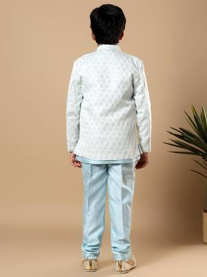 Boys sky blue cotton silk diamond buti sequined sherwani & trouser set with shrug and necklace 2