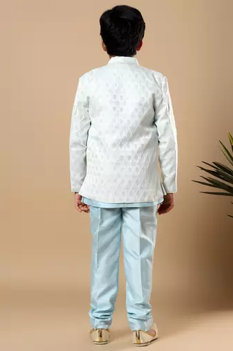 Boys sky blue cotton silk diamond buti sequined sherwani & trouser set with shrug and necklace