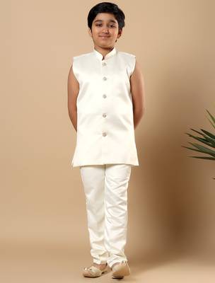 Boys ivory satin geometric diamond jaal embroidered sequined sherwani & trouser set with shrug 5