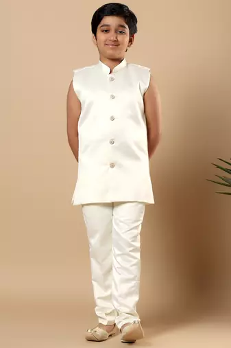 Boys ivory satin geometric diamond jaal embroidered sequined sherwani & trouser set with shrug
