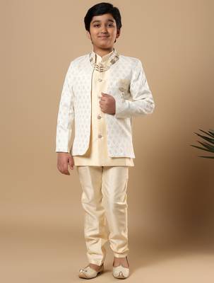 Boys fawn cotton silk diamond buti sequined sherwani & trouser set with shrug and necklace 1