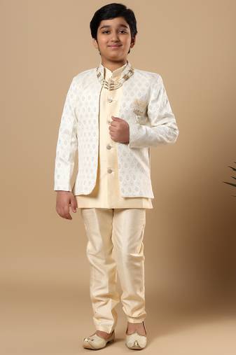 Boys fawn cotton silk diamond buti sequined sherwani & trouser set with shrug and necklace