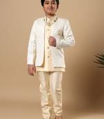 Boys fawn cotton silk diamond buti sequined sherwani & trouser set with shrug and necklace