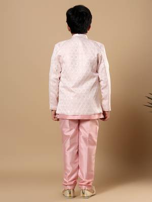 Boys pastel pink cotton silk diamond buti sequined sherwani & trouser set with shrug and necklace 2