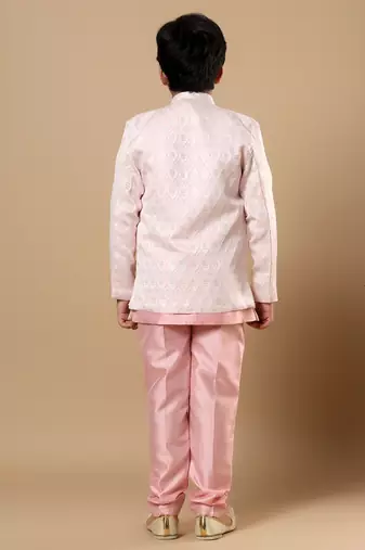 Boys pastel pink cotton silk diamond buti sequined sherwani & trouser set with shrug and necklace