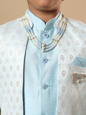Boys sky blue cotton silk diamond buti sequined sherwani & trouser set with shrug and necklace 3