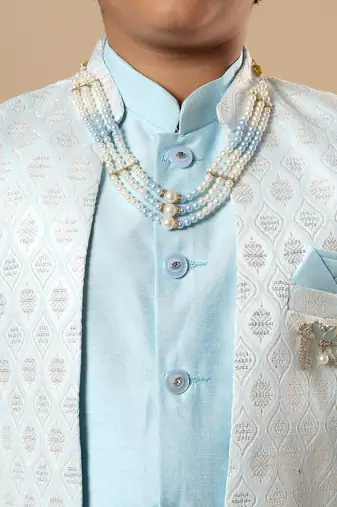 Boys sky blue cotton silk diamond buti sequined sherwani & trouser set with shrug and necklace