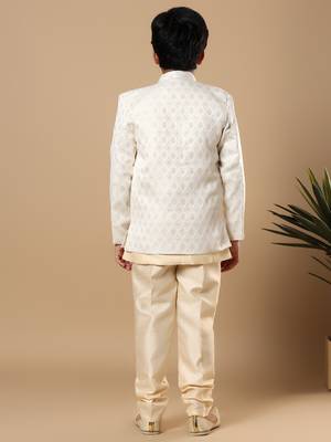 Boys fawn cotton silk diamond buti sequined sherwani & trouser set with shrug and necklace 2