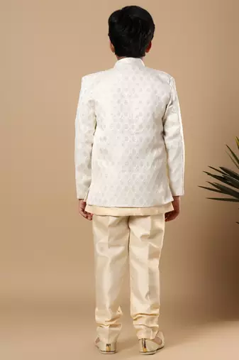 Boys fawn cotton silk diamond buti sequined sherwani & trouser set with shrug and necklace
