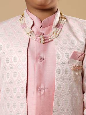 Boys pastel pink cotton silk diamond buti sequined sherwani & trouser set with shrug and necklace 3