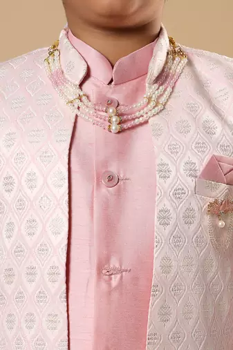 Boys pastel pink cotton silk diamond buti sequined sherwani & trouser set with shrug and necklace