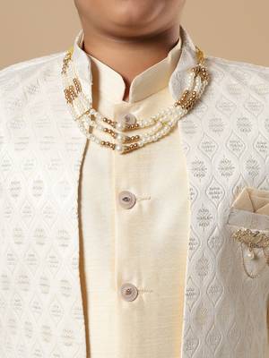 Boys fawn cotton silk diamond buti sequined sherwani & trouser set with shrug and necklace 3