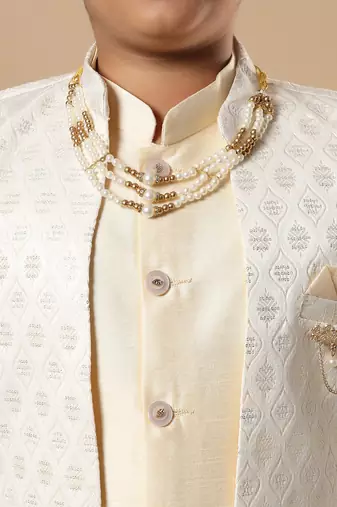 Boys fawn cotton silk diamond buti sequined sherwani & trouser set with shrug and necklace