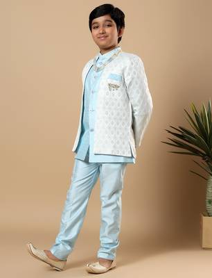 Boys sky blue cotton silk diamond buti sequined sherwani & trouser set with shrug and necklace 4
