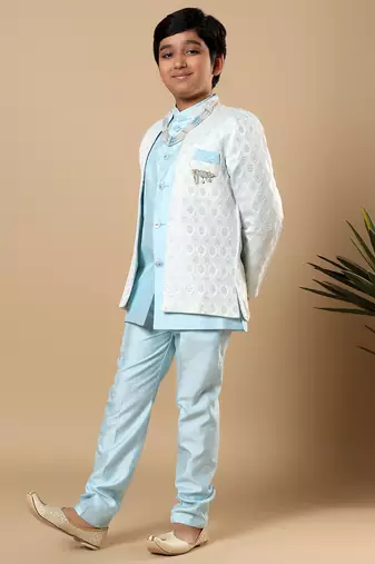 Boys sky blue cotton silk diamond buti sequined sherwani & trouser set with shrug and necklace