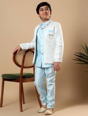 Boys sky blue cotton silk diamond buti sequined sherwani & trouser set with shrug and necklace 5