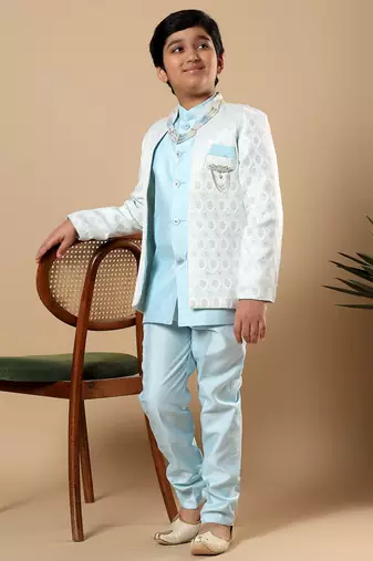 Boys sky blue cotton silk diamond buti sequined sherwani & trouser set with shrug and necklace