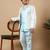 Boys sky blue cotton silk diamond buti sequined sherwani & trouser set with shrug and necklace