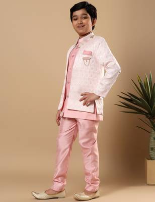 Boys pastel pink cotton silk diamond buti sequined sherwani & trouser set with shrug and necklace 4