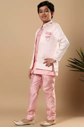 Boys pastel pink cotton silk diamond buti sequined sherwani & trouser set with shrug and necklace