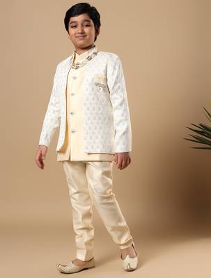 Boys fawn cotton silk diamond buti sequined sherwani & trouser set with shrug and necklace 4