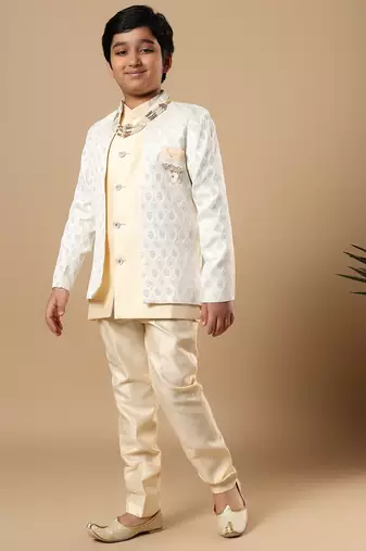 Boys fawn cotton silk diamond buti sequined sherwani & trouser set with shrug and necklace