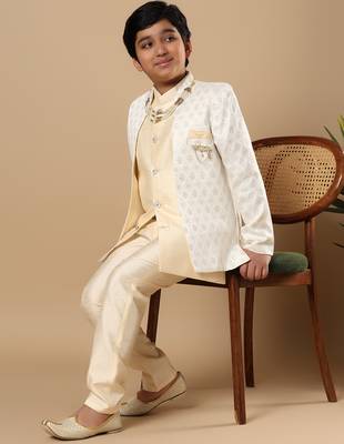 Boys fawn cotton silk diamond buti sequined sherwani & trouser set with shrug and necklace 5