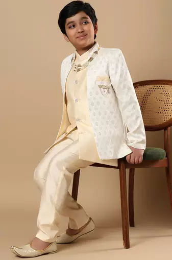 Boys fawn cotton silk diamond buti sequined sherwani & trouser set with shrug and necklace