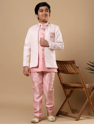 Boys pastel pink cotton silk diamond buti sequined sherwani & trouser set with shrug and necklace 5