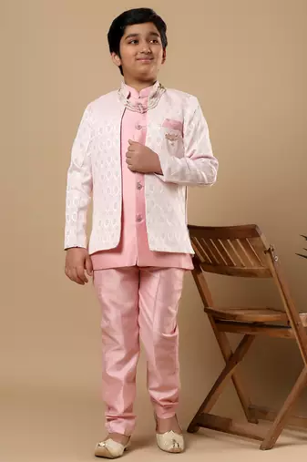 Boys pastel pink cotton silk diamond buti sequined sherwani & trouser set with shrug and necklace