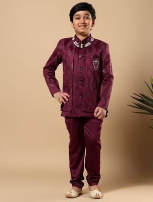 Boys burgundy satin wavy embroidered sequined sherwani & trouser set with shrug and necklace 1