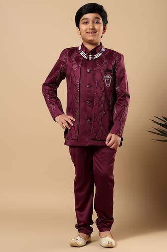 Boys burgundy satin wavy embroidered sequined sherwani & trouser set with shrug and necklace