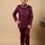 Boys burgundy satin wavy embroidered sequined sherwani & trouser set with shrug and necklace