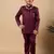 Boys burgundy satin wavy embroidered sequined sherwani & trouser set with shrug and necklace