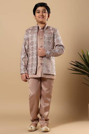 Boys taupe brown satin geometric diamond jaal embroidered sequined sherwani & trouser set with shrug