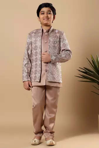 Boys taupe brown satin geometric diamond jaal embroidered sequined sherwani & trouser set with shrug