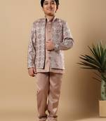 Boys taupe brown satin geometric diamond jaal embroidered sequined sherwani & trouser set with shrug