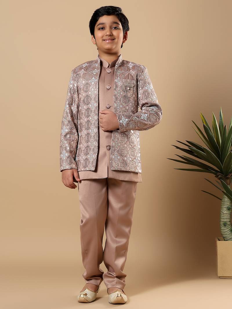 Boys taupe brown satin geometric diamond jaal embroidered sequined sherwani & trouser set with shrug