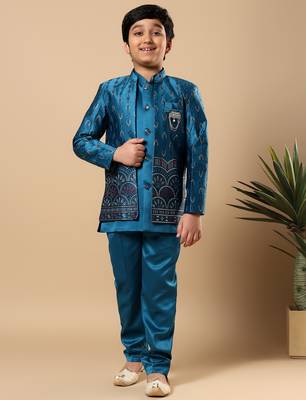 Boys teal blue satin buti embroidered panel work sequined sherwani & trouser set with shrug 1
