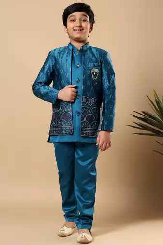 Boys teal blue satin buti embroidered panel work sequined sherwani & trouser set with shrug